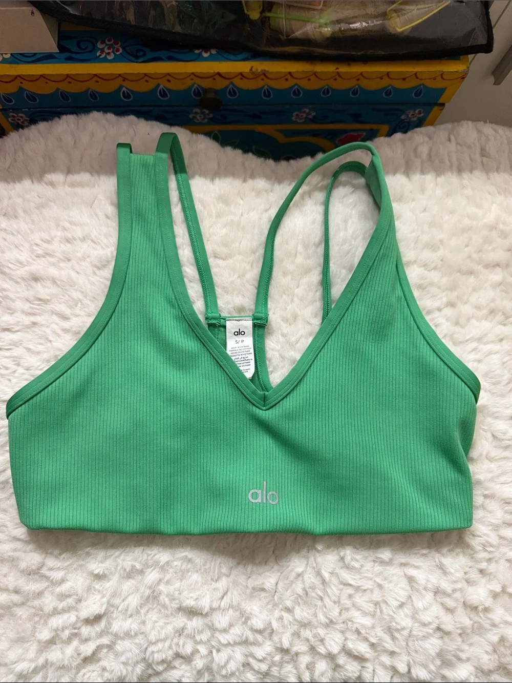 ALO Yoga Green Ribbed V-Neck Sports Bra